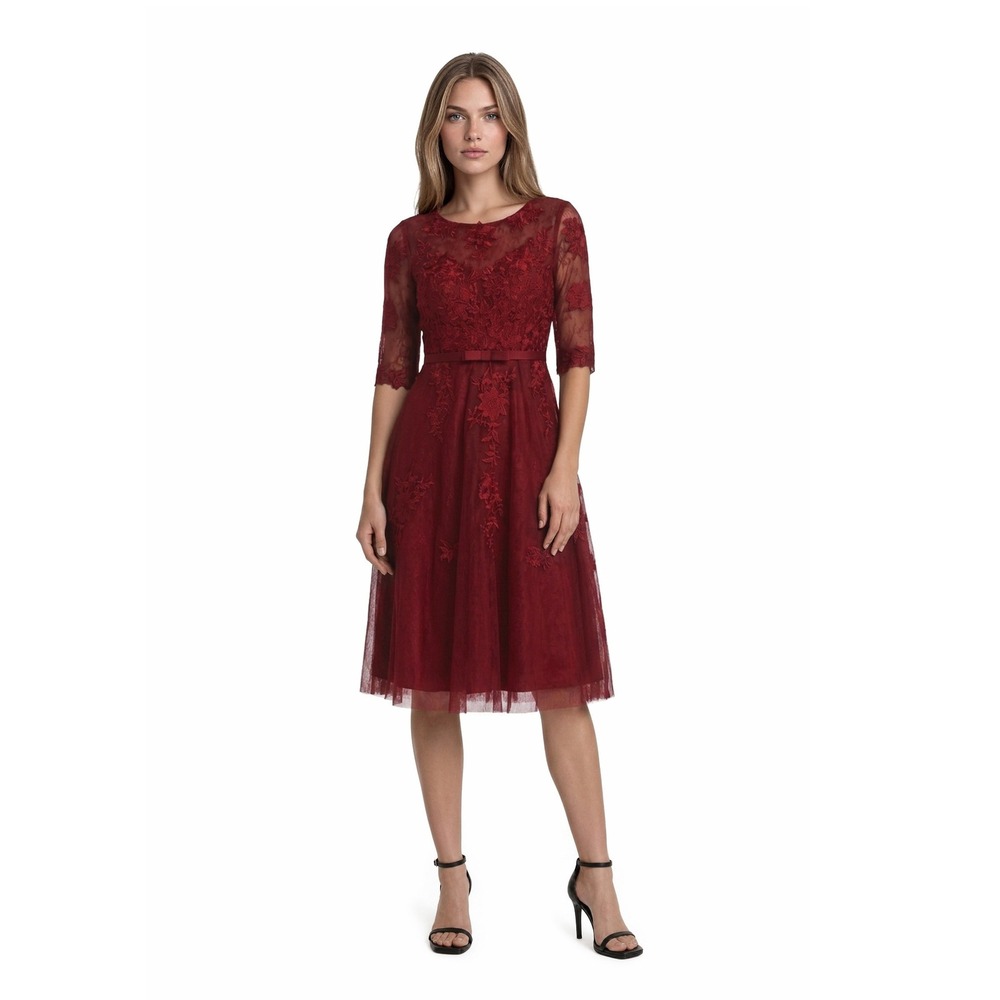 Vintage Fit & Flare Burgundy Red Lace Tulle Cocktail Dress Women's Size 6 Bow‎